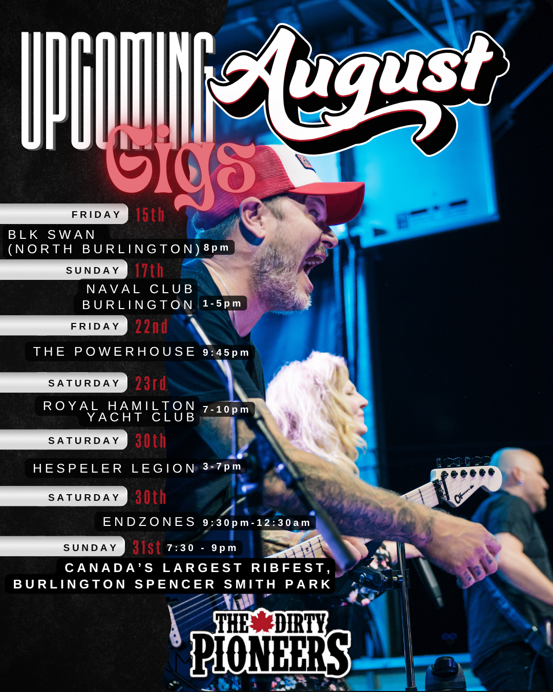 August 2025 Dirty Pioneers Calendar show dates