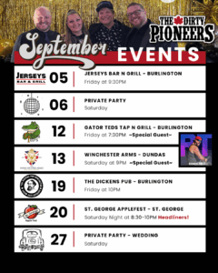 September 2025 with the dirty pioneers, best ontario cover bands