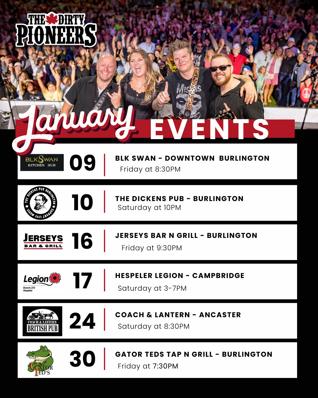 the dirty pioneers jan 2026 gigs